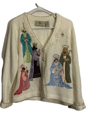 Design Options by Philip & Jane Nativity Christmas Cardigan Sweater Size Medium
